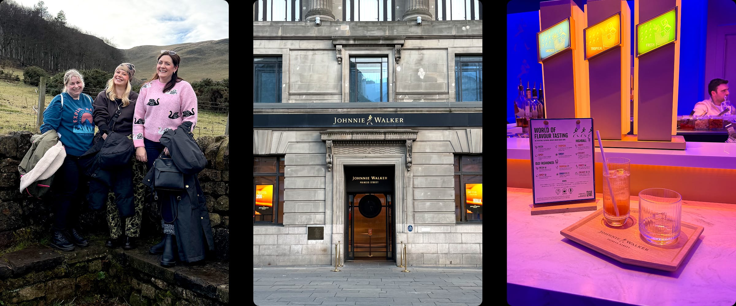 Three women hiking, Johnnie Walker Edinburgh, whisky tasting experience