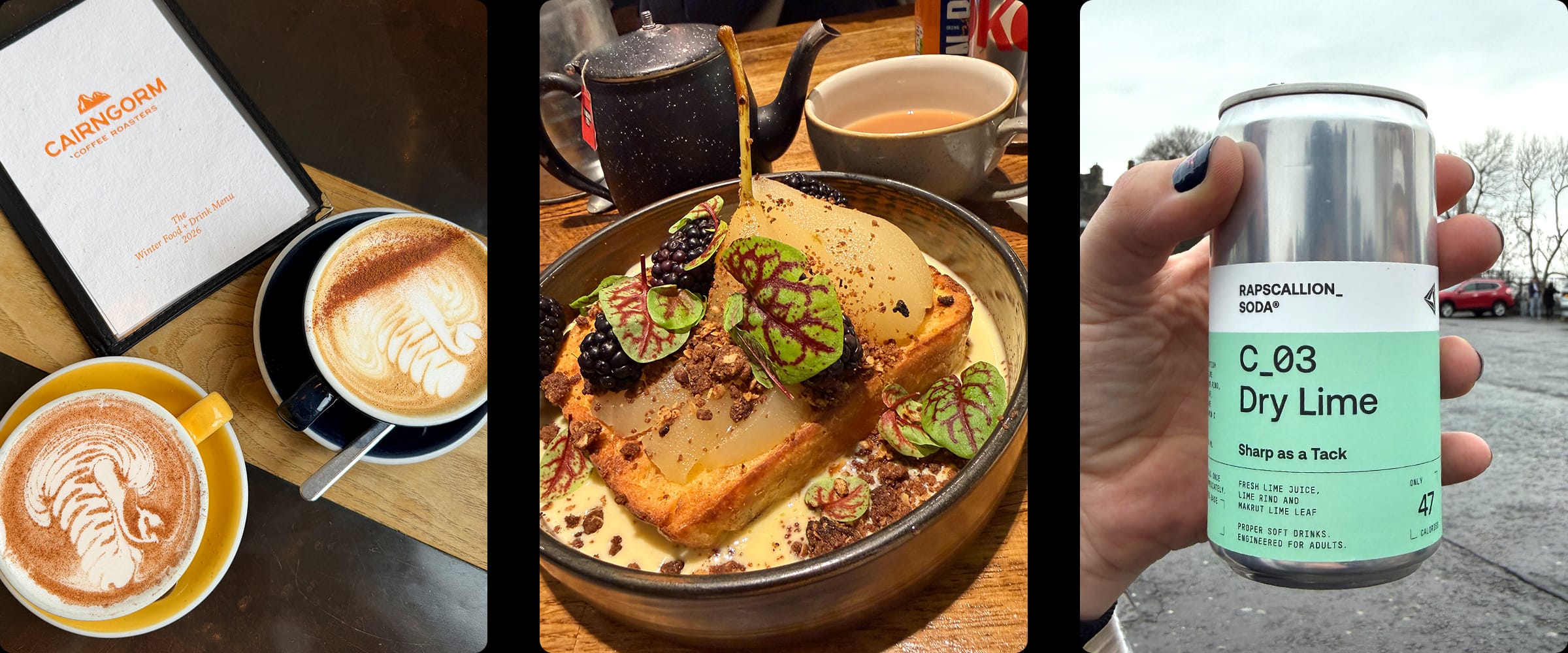 Coffee, gourmet dessert, and Rapscallion Dry Lime soda drink
