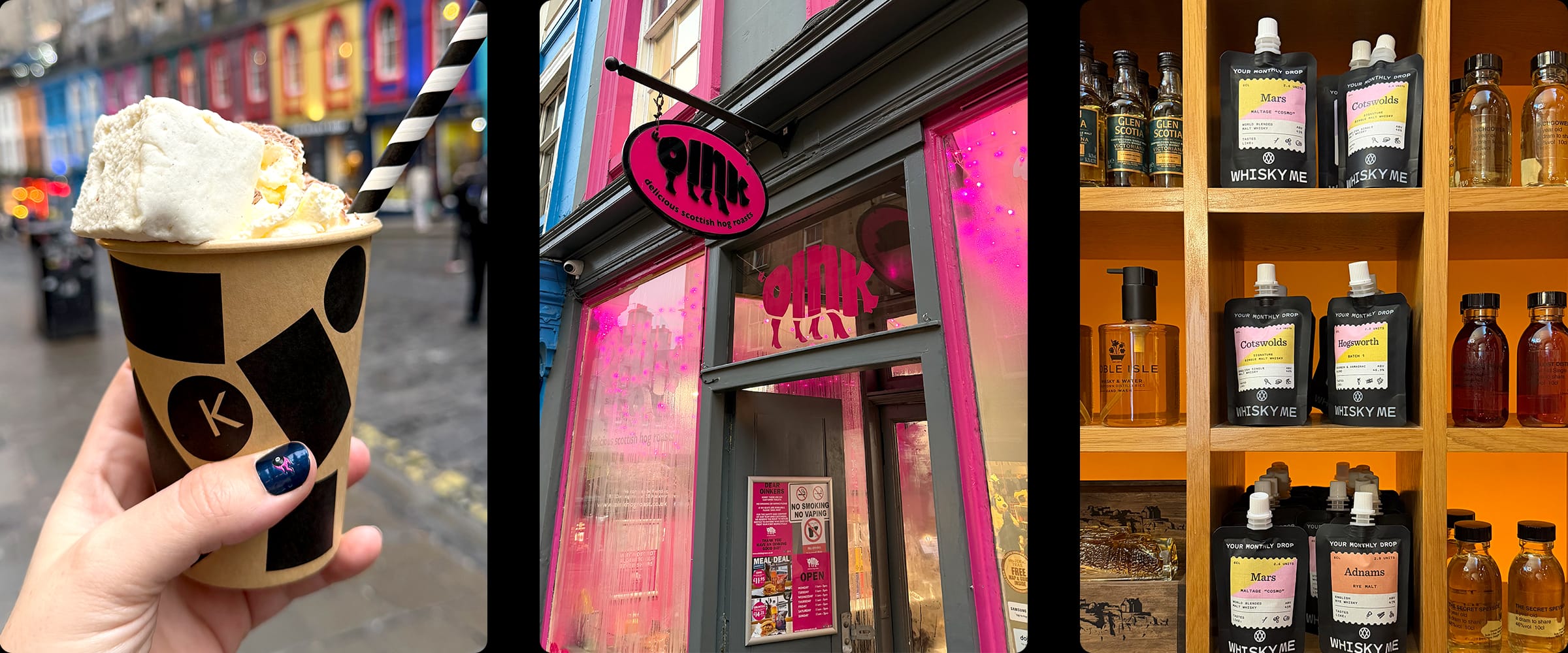 Edinburgh street food collage with coffee, Oink restaurant, and whisky shop