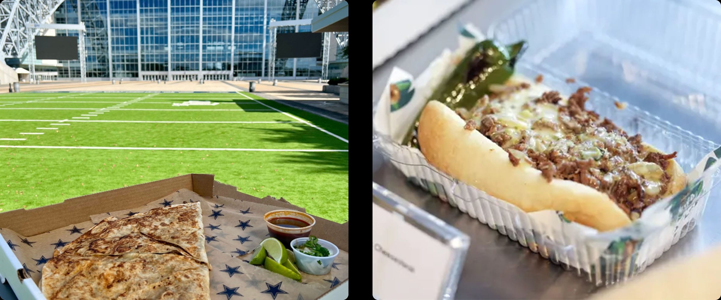 Stadium food featuring quesadilla and cheesesteak sandwich