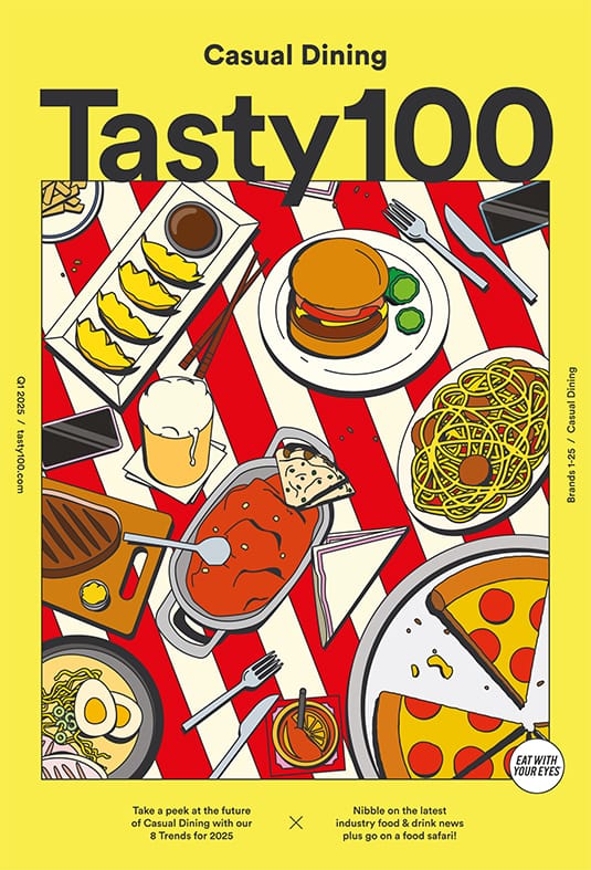 Tasty 100 Casual Dining magazine cover with illustrated food spread