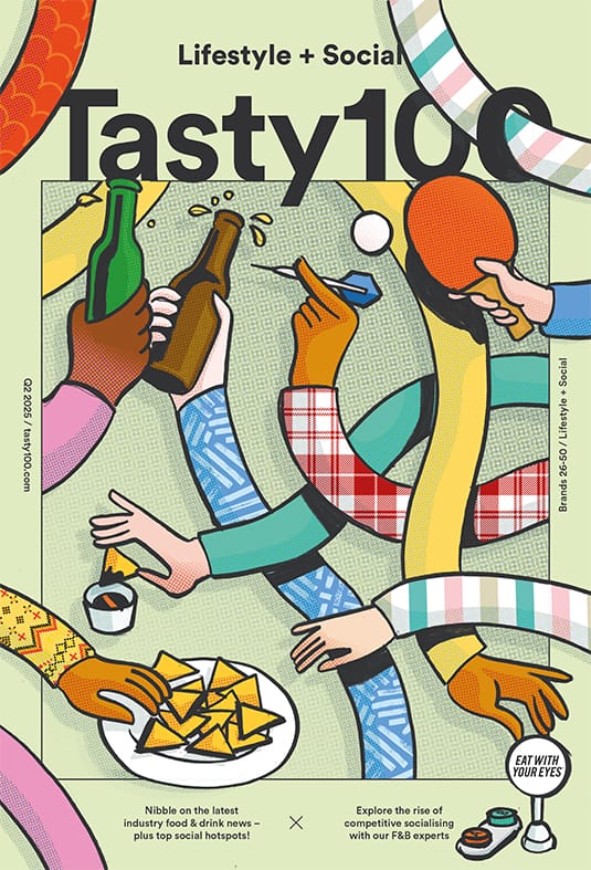 Tasty100 lifestyle magazine cover with illustrated socialising scene