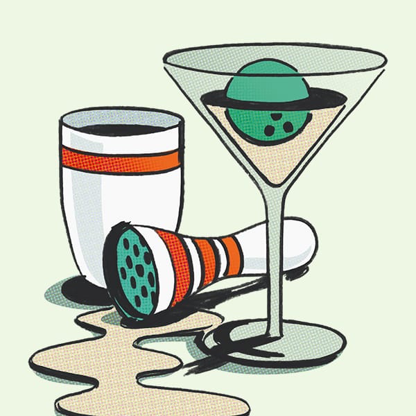 Retro illustration of bowling pins and martini cocktail glass