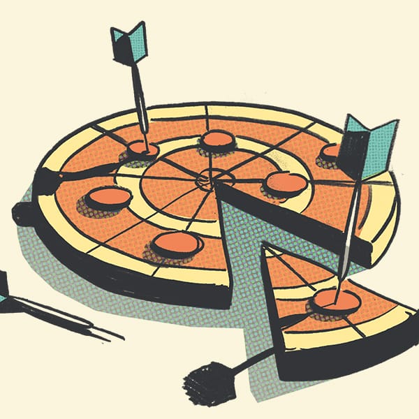 Retro illustration of a dartboard shaped like a sliced pie